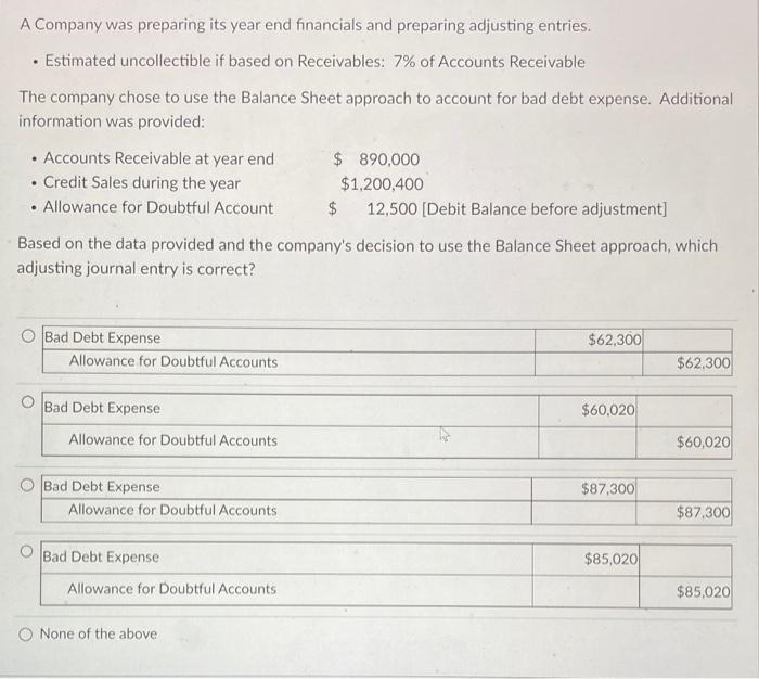 A Company Was Preparing Its Year End Financials And Preparing Adjusting Entries Estimated Uncollectible If Based On R 1
