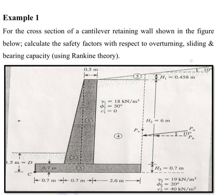 Example 1 For The Cross Section Of A Cantilever Retaining Wall Shown In The Figure Below Calculate The Safety Factors W 1