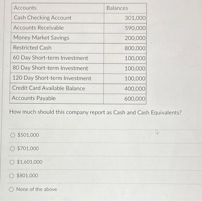 Accounts Cash Checking Account Accounts Receivable Money Market Savings Restricted Cash O 501 000 60 Day Short Term Inv 1