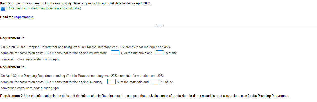 Kevin S Frozen Pizzas Uses Fifo Process Costing Selected Production And Cost Data Follow For April 2024 Click The Ico 1