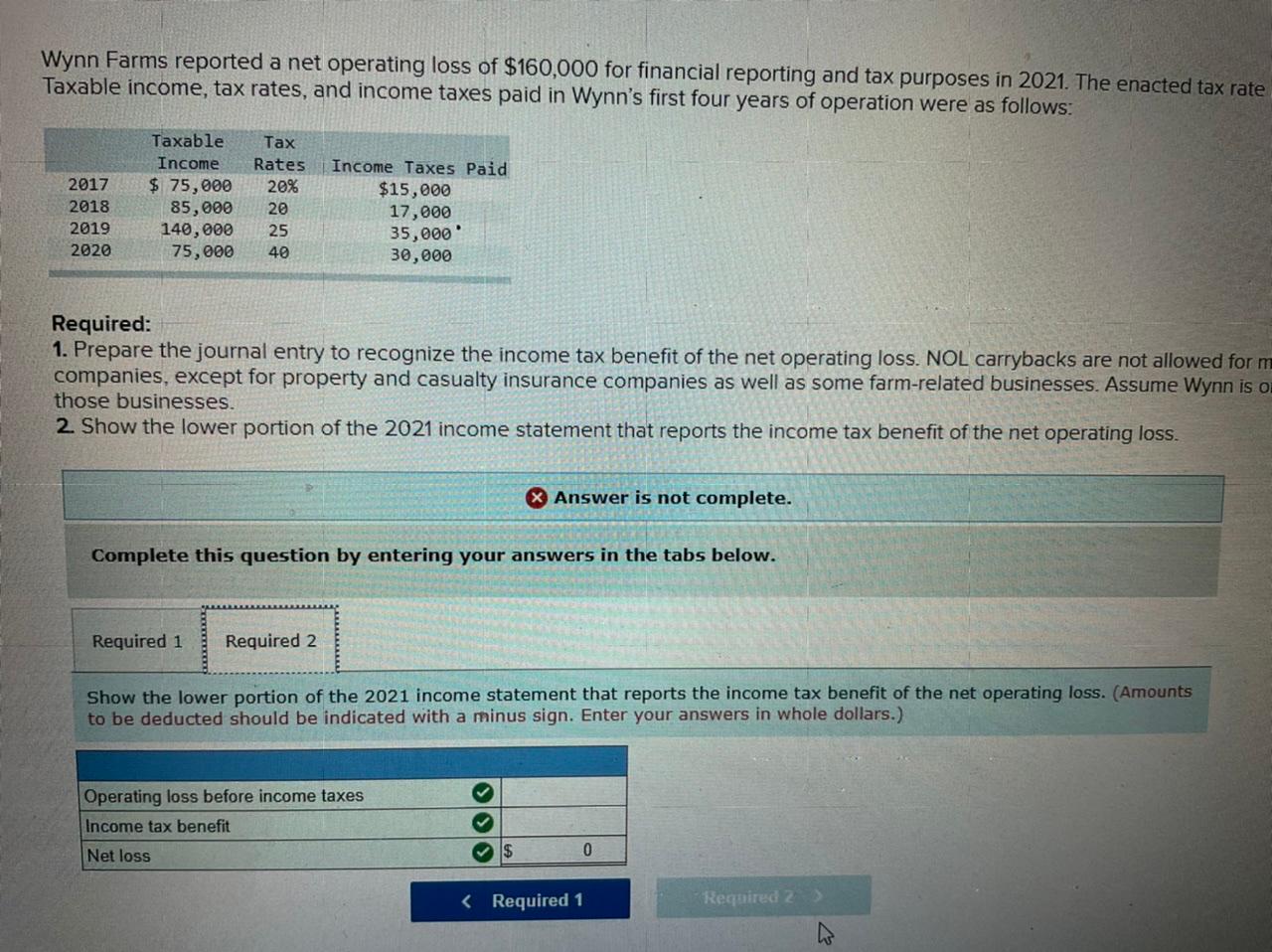 Wynn Farms Reported A Net Operating Loss Of 160 000 For Financial Reporting And Tax Purposes In 2021 The Enacted Tax R 1