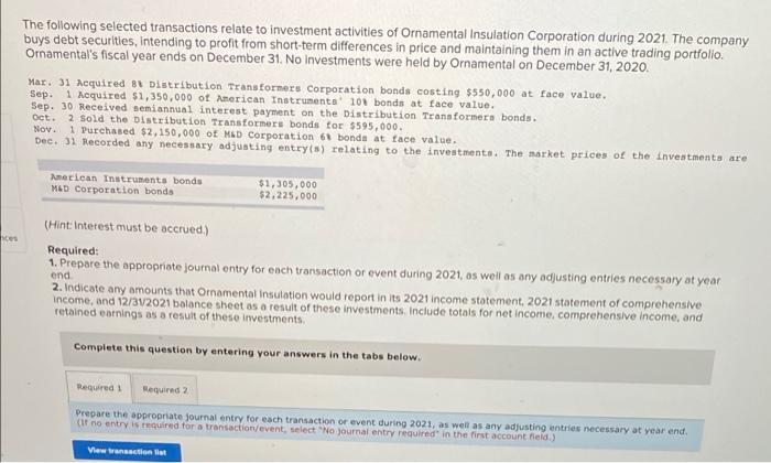 Ces The Following Selected Transactions Relate To Investment Activities Of Ornamental Insulation Corporation During 2021 1
