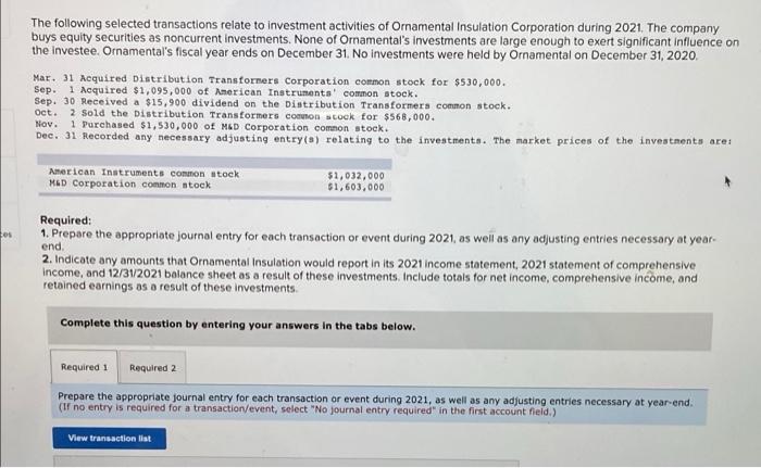 Cos The Following Selected Transactions Relate To Investment Activities Of Ornamental Insulation Corporation During 2021 1