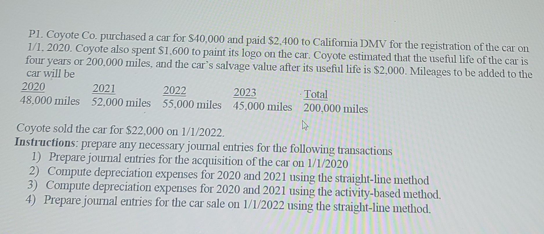Pl Coyote Co Purchased A Car For 40 000 And Paid 2 400 To California Dmv For The Registration Of The Car On 1 1 202 1