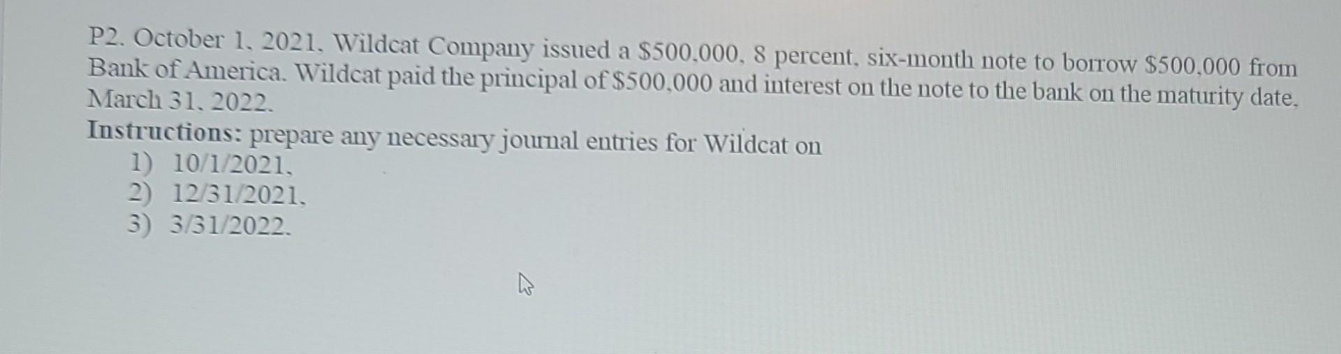 P2 October 1 2021 Wildcat Company Issued A 500 000 8 Percent Six Month Note To Borrow 500 000 From Bank Of Americ 1