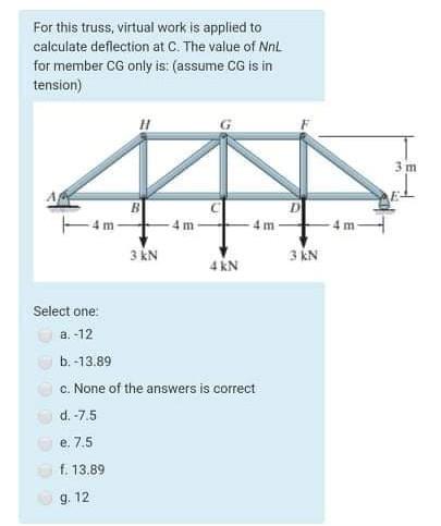 For This Truss Virtual Work Is Applied To Calculate Deflection At C The Value Of Nnl For Member Cg Only Is Assume Cg 1