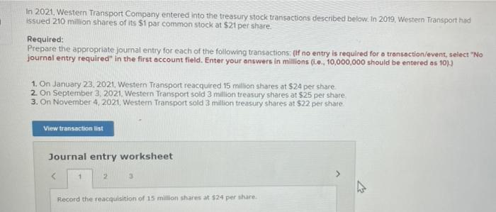 In 2021 Western Transport Company Entered Into The Treasury Stock Transactions Described Below In 2019 Western Transp 1