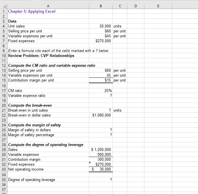 A 1 Chapter 5 Applying Excel 2 3 Data 4 Unit Sales 5 Selling Price Per Unit 6 Variable Expenses Per Unit 7 Fixed Expens 1