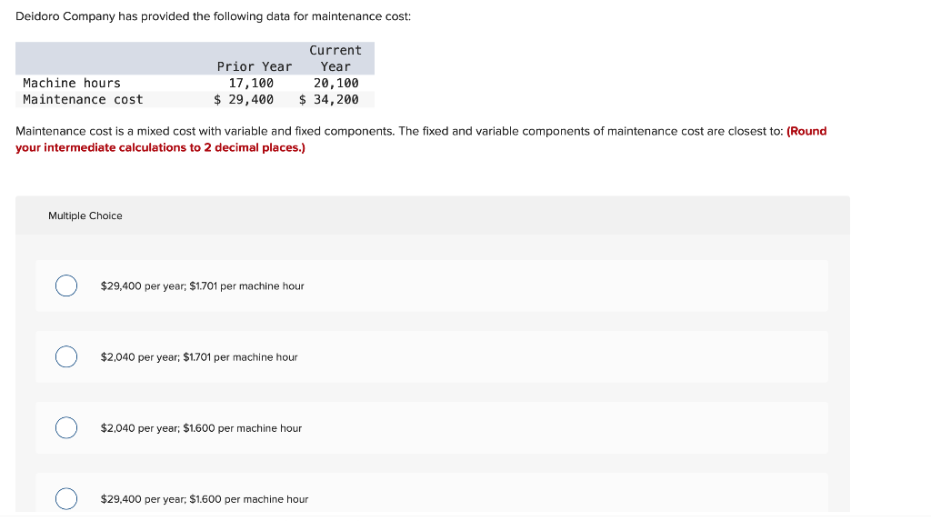 Deidoro Company Has Provided The Following Data For Maintenance Cost Machine Hours Maintenance Cost Multiple Choice Mai 1
