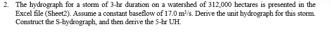 2 The Hydrograph For A Storm Of 3 Hr Duration On A Watershed Of 312 000 Hectares Is Presented In The Excel File Sheet2 1