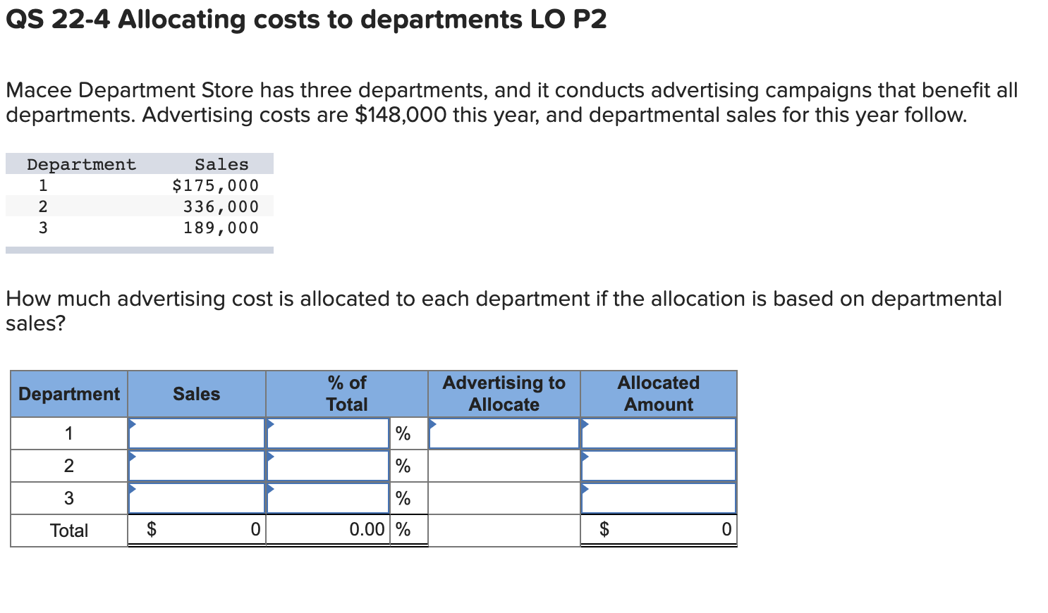 Qs 22 4 Allocating Costs To Departments Lo P2 Macee Department Store Has Three Departments And It Conducts Advertising 1