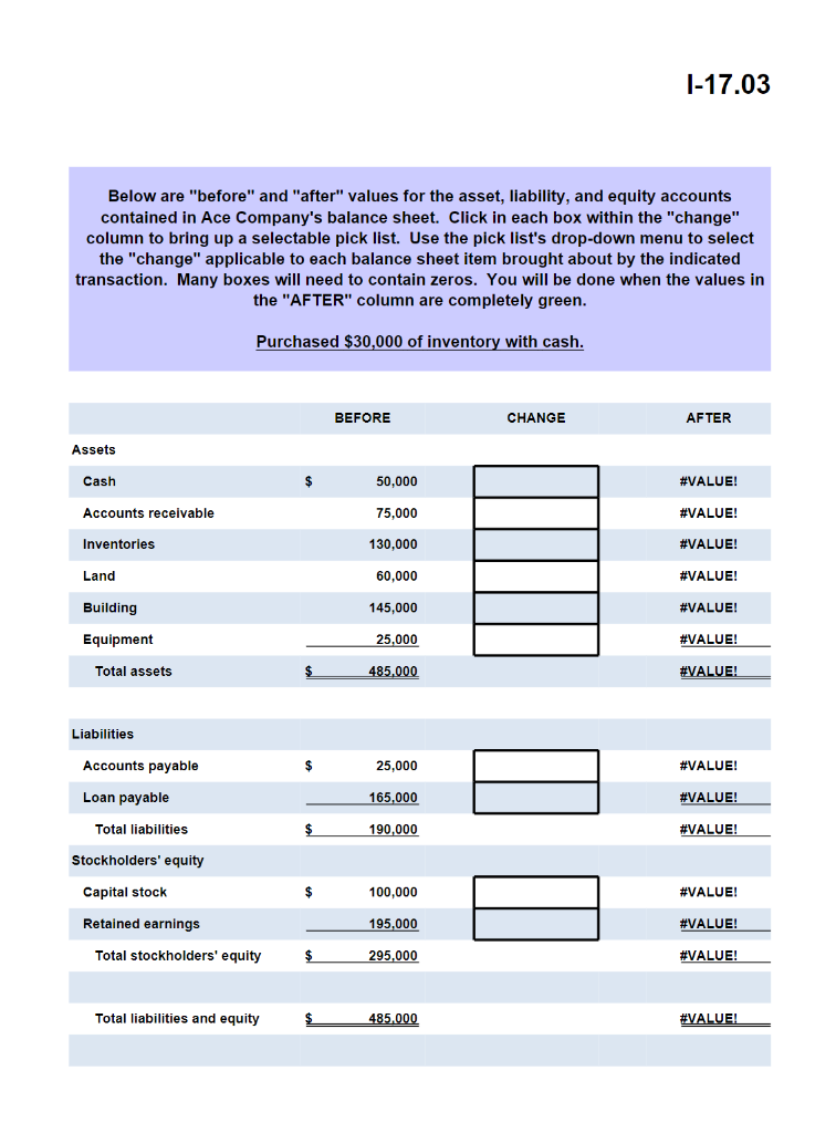 Below Are Before And After Values For The Asset Liability And Equity Accounts Contained In Ace Company S Balance S 1