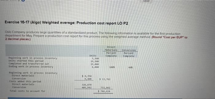 Exercise 16 17 Algo Weighted Average Production Cost Report Lo P2 Oslo Company Produces Large Quantities Of A Standar 1