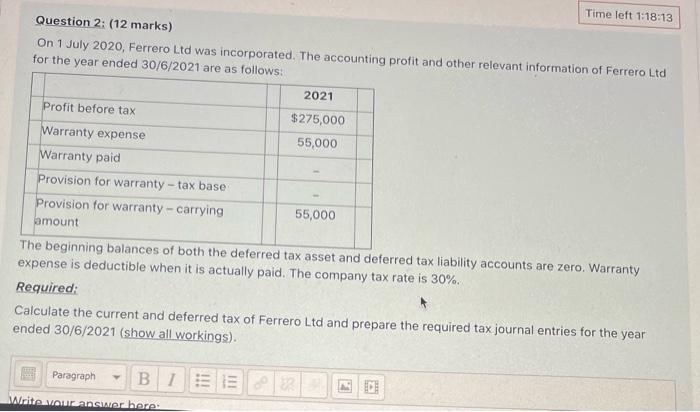 Question 2 12 Marks On 1 July 2020 Ferrero Ltd Was Incorporated The Accounting Profit And Other Relevant Informatio 1