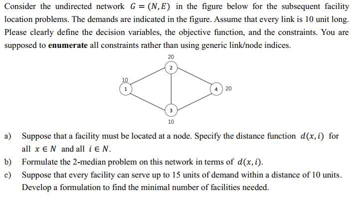 Consider The Undirected Network G N E In The Figure Below For The Subsequent Facility Location Problems The Demand 1