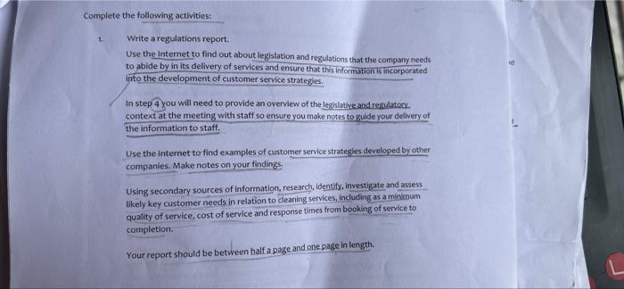 Complete The Following Activities 1 Write A Regulations Report Use The Internet To Find Out About Legislation And Reg 1