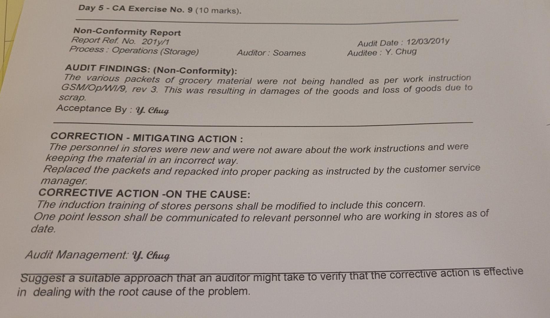 Day 5 Ca Exercise No 9 10 Marks Non Conformity Report Report Ref No 201y 1 Process Operations Storage Auditor 1