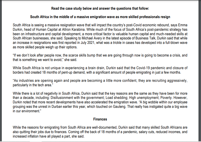 Read The Case Study Below And Answer The Questions That Follow South Africa In The Middle Of A Massive Emigration Wave 1