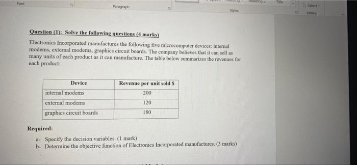 Font Paragraph Device Internal Modems External Modems Graphics Circuit Boards Question 1 Solve The Following Question 1