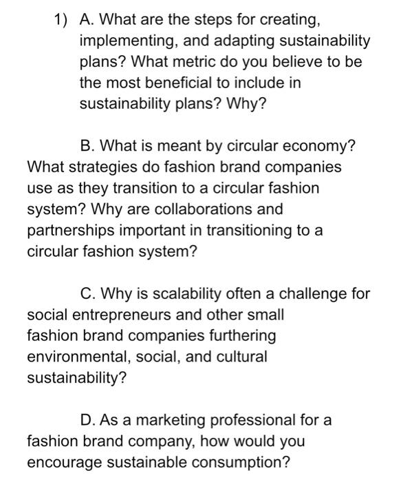 1 A What Are The Steps For Creating Implementing And Adapting Sustainability Plans What Metric Do You Believe To Be 1