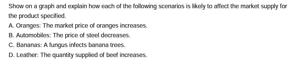 Show On A Graph And Explain How Each Of The Following Scenarios Is Likely To Affect The Market Supply For The Product Sp 1