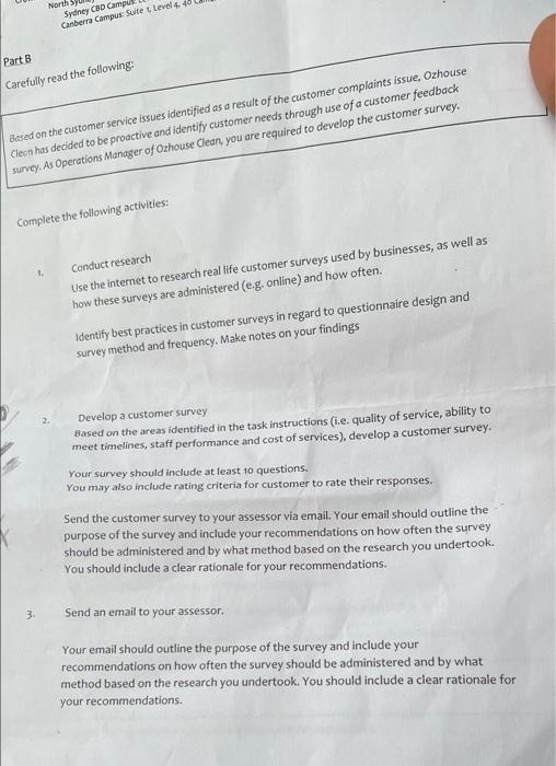 North Sydney Cbd Campus Canberra Campus Suite 1 Level 4 Part B Carefully Read The Following Based On The Customer Ser 1