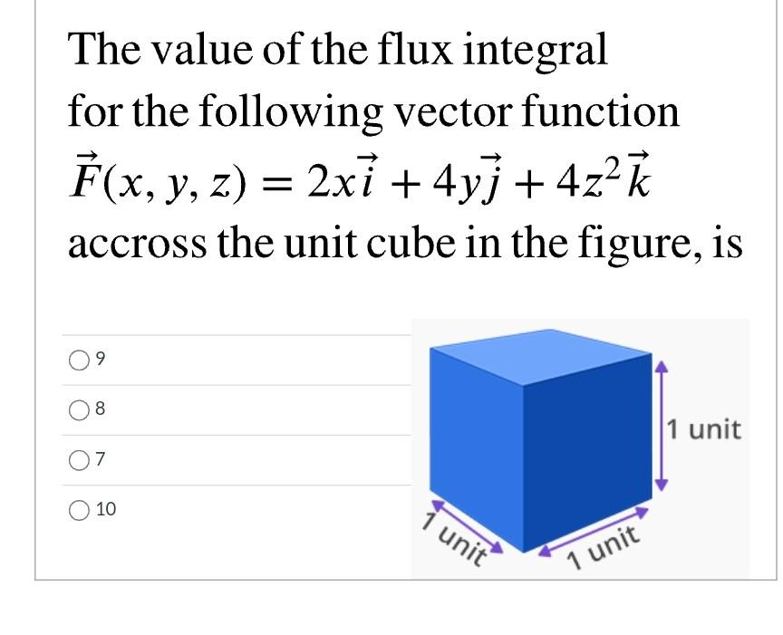 The Value Of The Flux Integral For The Following Vector Function F X Y Z 2x1 4yj 4z2k Accross The Unit Cube In 1