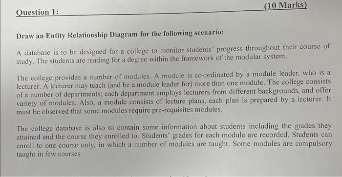 Question 1 10 Marks Draw An Entity Relationship Diagram For The Following Scenario A Database Is To Be Designed For 1