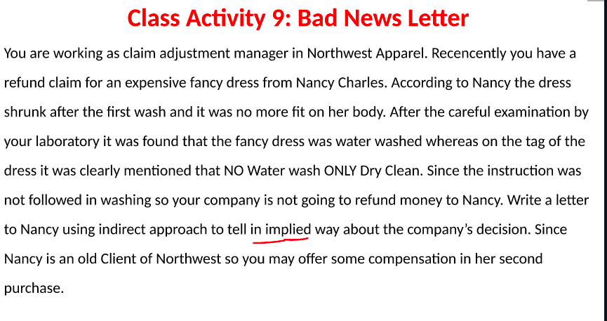 Class Activity 9 Bad News Letter You Are Working As Claim Adjustment Manager In Northwest Apparel Recencently You Have 1