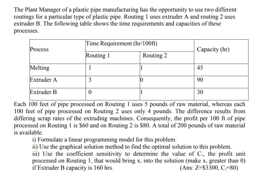 The Plant Manager Of A Plastic Pipe Manufacturing Has The Opportunity To Use Two Different Routings For A Particular Typ 1
