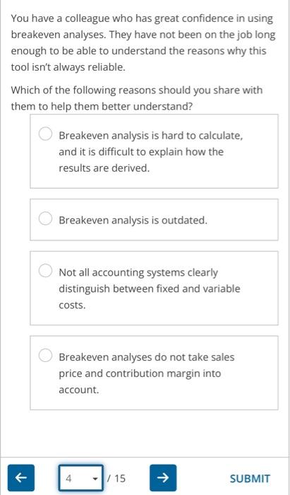 You Have A Colleague Who Has Great Confidence In Using Breakeven Analyses They Have Not Been On The Job Long Enough To 1