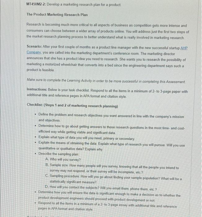 Mt450m2 2 Develop A Marketing Research Plan For A Product The Product Marketing Research Plan Research Is Becoming Muc 1