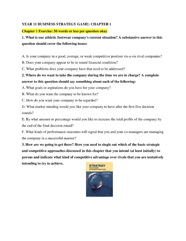 Year 11 Business Strategy Game Chapter 1 Chapter 1 Exercise 50 Words Or Less Per Question Okay 1 What Is Our Athletic 1