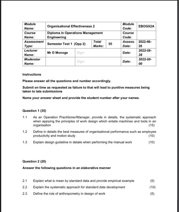 Module Name Course Name Assessment Type Lecturer Name Moderator Name 1 2 Organisational Effectiveness 2 Diploma In 1