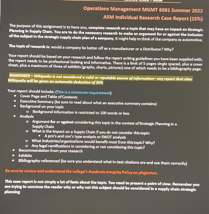 Operations Management Mgmt 6081 Summer 2022 Asm Individual Research Case Report 15 The Purpose Of This Assignment Is 1