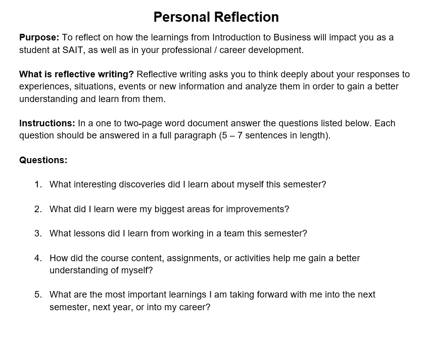 Personal Reflection Purpose To Reflect On How The Learnings From Introduction To Business Will Impact You As A Student 1