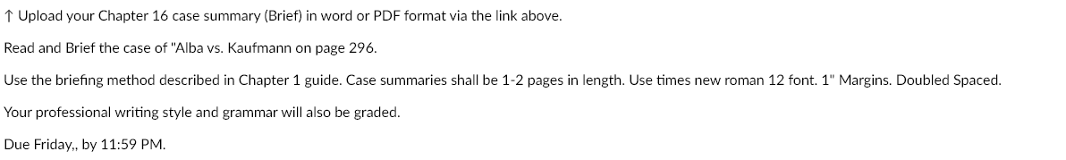 Upload Your Chapter 16 Case Summary Brief In Word Or Pdf Format Via The Link Above Read And Brief The Case Of Alba 1