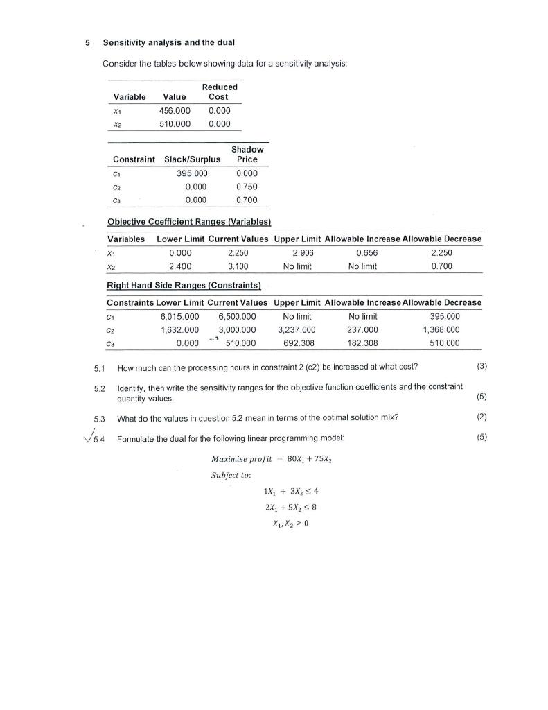 5 Sensitivity Analysis And The Dual Consider The Tables Below Showing Data For A Sensitivity Analysis 5 1 Variable 5 2 1