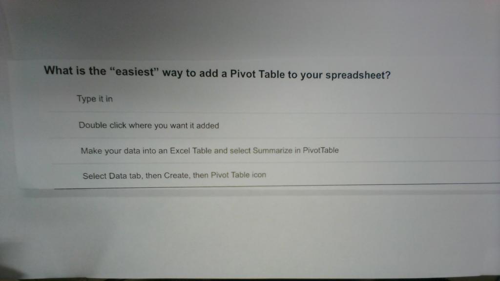 What Is The Easiest Way To Add A Pivot Table To Your Spreadsheet Type It In Double Click Where You Want It Added Make 1