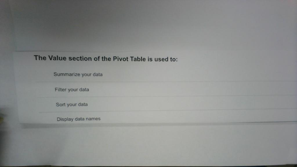 The Value Section Of The Pivot Table Is Used To Summarize Your Data Filter Your Data Sort Your Data Display Data Names 1