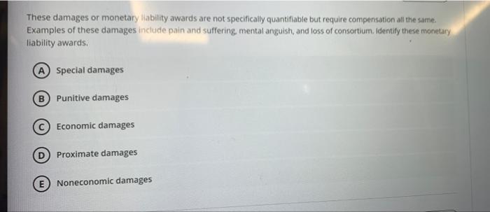These Damages Or Monetary Liability Awards Are Not Specifically Quantifiable But Require Compensation All The Same Exam 1