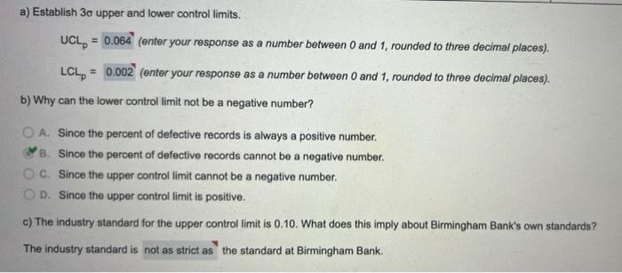 A Establish 30 Upper And Lower Control Limits Uclp 0 064 Enter Your Response As A Number Between 0 And 1 Rounded T 1