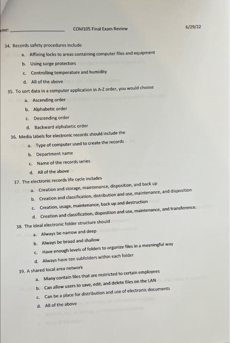 Me Com105 Final Exam Review 34 Records Safety Procedures Include A Affixing Locks To Areas Containing Computer Files 1