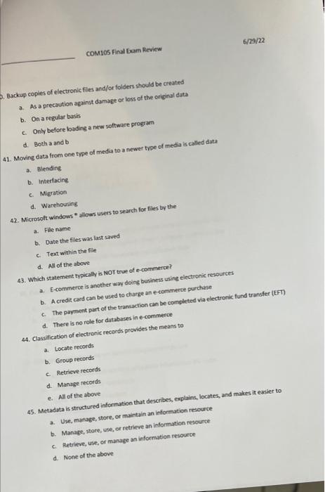 Me Com105 Final Exam Review 34 Records Safety Procedures Include A Affixing Locks To Areas Containing Computer Files 2