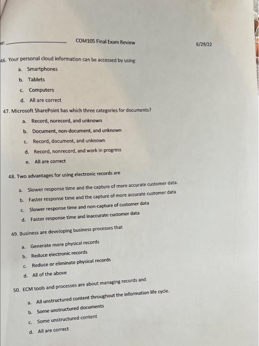 Be Com105 Final Exam Review 46 Your Personal Cloud Information Can Be Accessed By Using A Smartphones B Tablets C 1