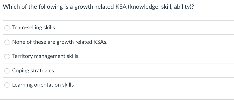 Which Of The Following Is A Growth Related Ksa Knowledge Skill Ability Team Selling Skills None Of These Are Growt 1