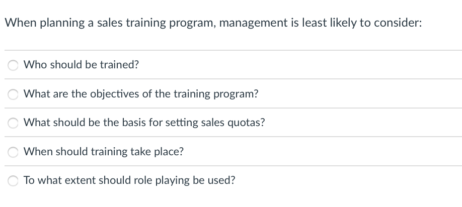 When Planning A Sales Training Program Management Is Least Likely To Consider Who Should Be Trained What Are The Obje 1