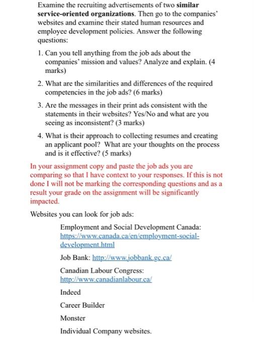 Examine The Recruiting Advertisements Of Two Similar Service Oriented Organizations Then Go To The Companies Websites 1