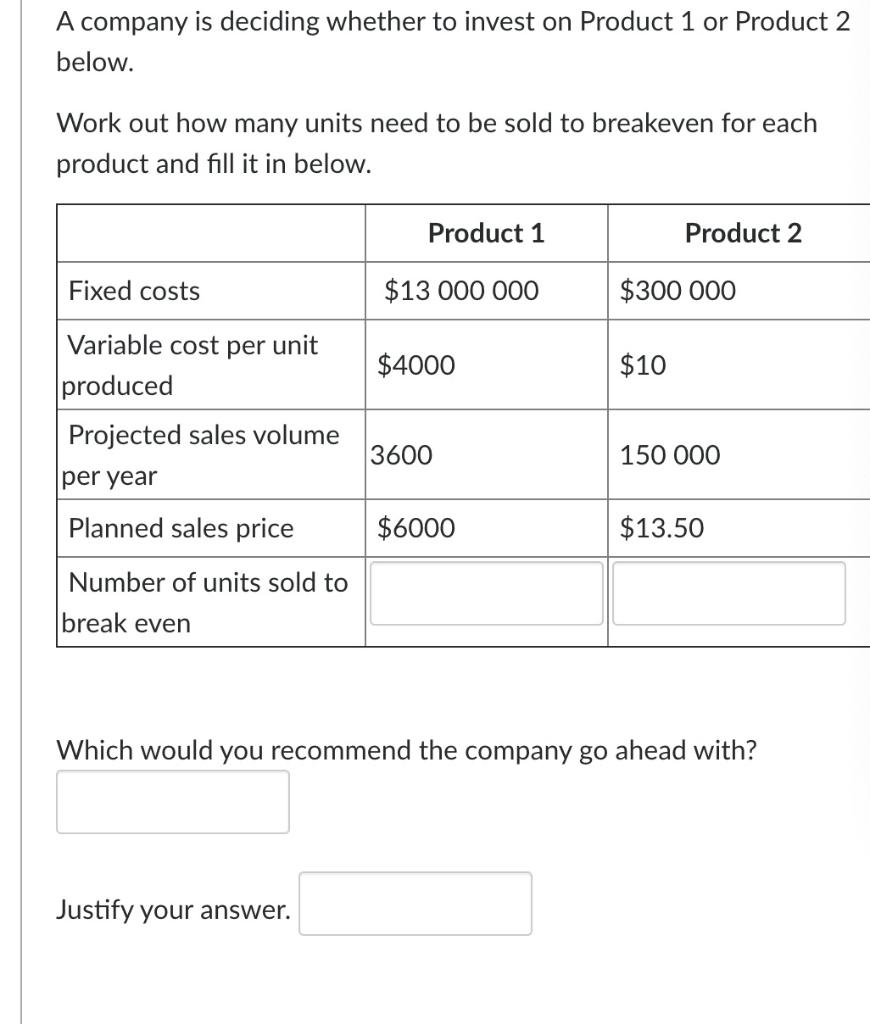 A Company Is Deciding Whether To Invest On Product 1 Or Product 2 Below Work Out How Many Units Need To Be Sold To Brea 1