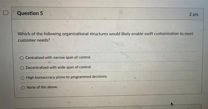 D Question 5 2 Pts Which Of The Following Organizational Structures Would Likely Enable Swift Customization To Meet Cust 1